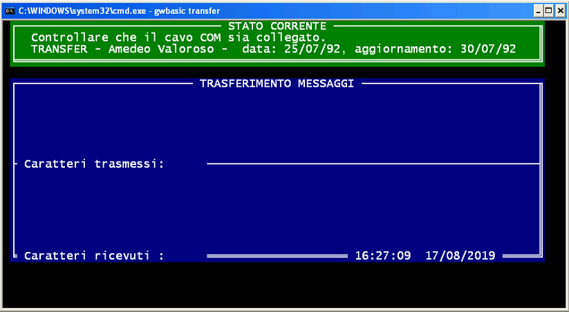 COM TRANSFER, programma di messaggistica su porta seriale COM RS232, GWBASIC, DOS