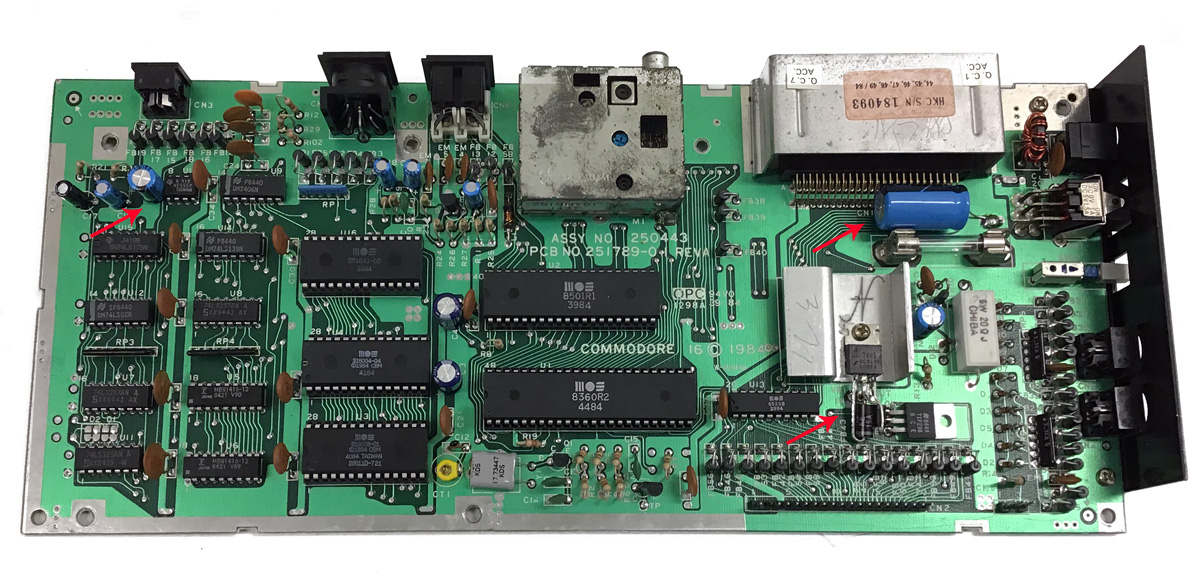 Commodore 16, recapping, sostituzione condensatori, recap, riparazione, aggiunta condensatori, protezioni, transil, 1984, assy no 250443, pcb no 251789-01 rev a