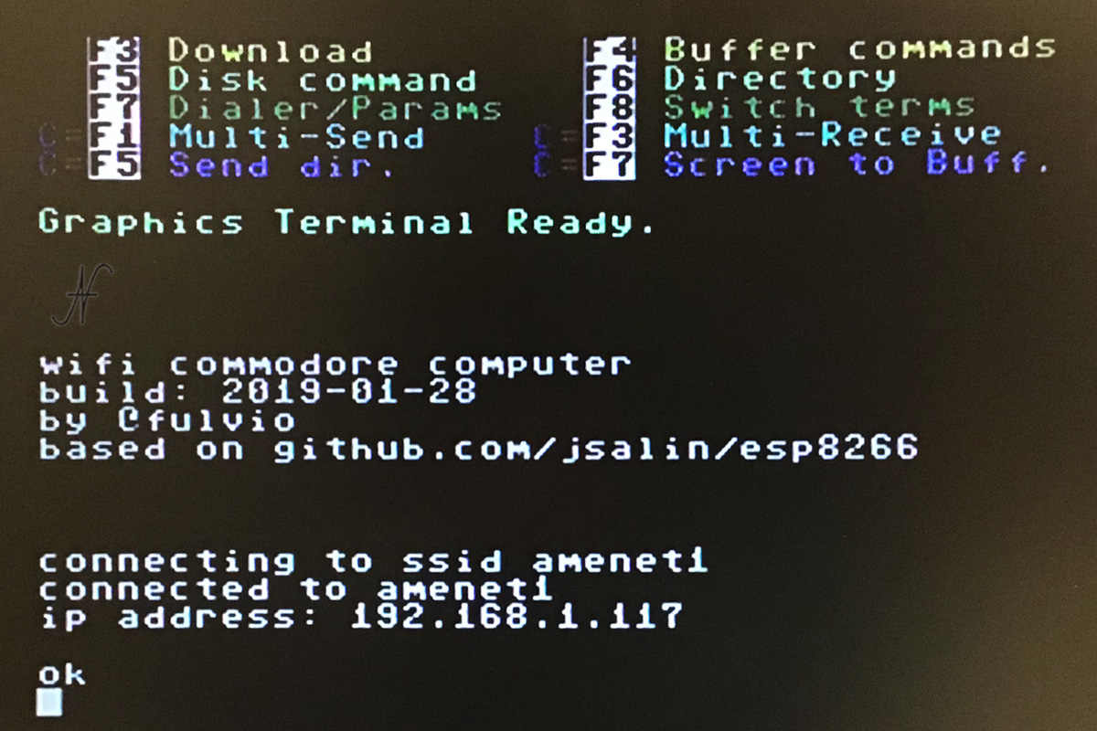 Commodore 64, impostazioni modem wifi, internet, ssid, password, graphics terminal, CCGMS