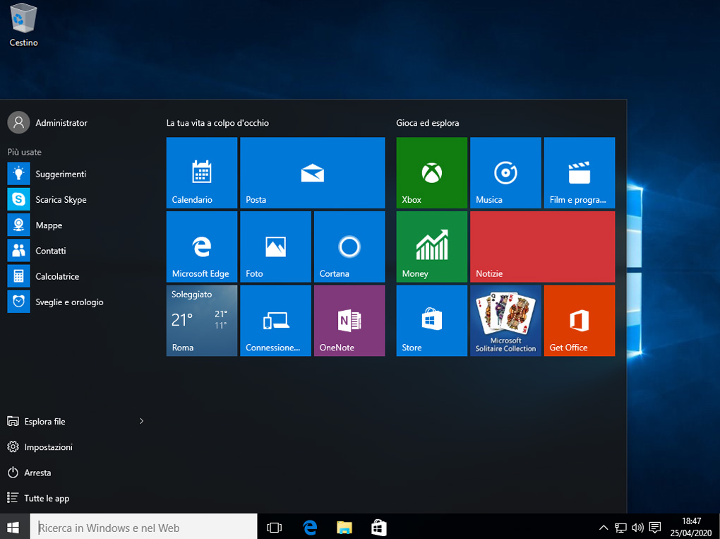 Windows 10, menu start, cortana, xbox, musica, money, notizie, get office, onenote
