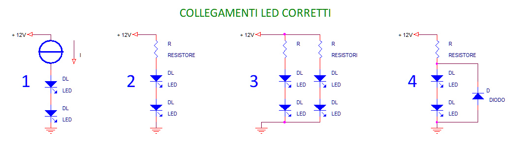 Lampadine a LED, collegamenti corretti, parallelo, resistenza, resistore