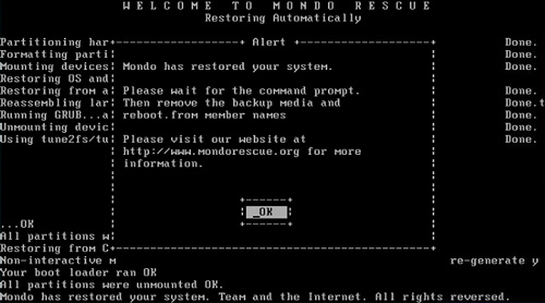 MondoRescue, server restore from DVD, ISO file, nuke, server restore, Mondo has restored your system