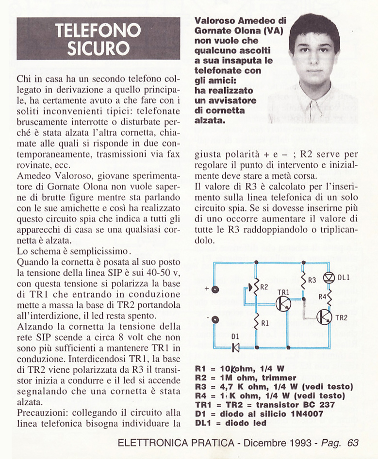 SPTEL, articolo, telefono sicuro, Elettronica Pratica, dicembre 1993, Amedeo Valoroso