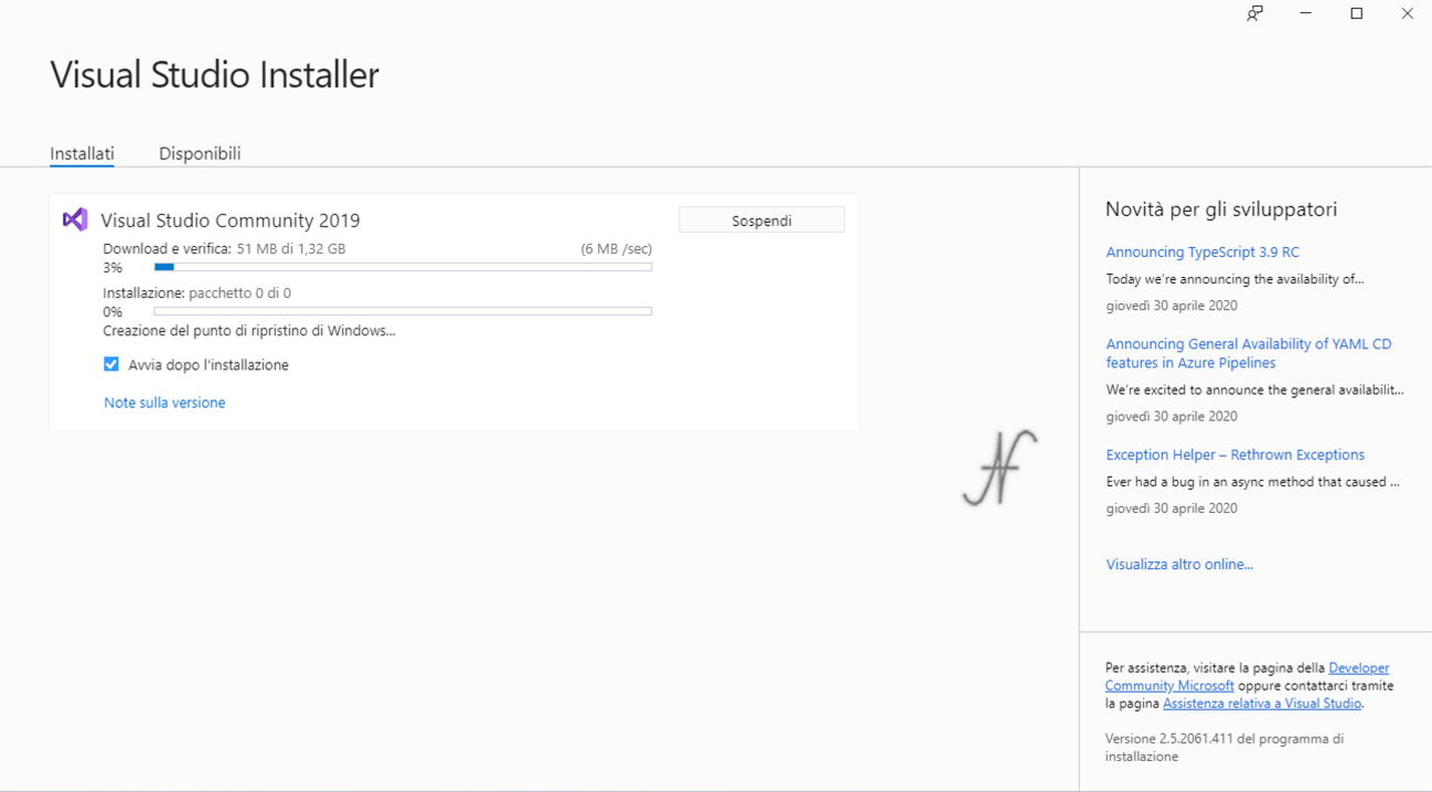 VB.NET 2019, Microsoft Visual Studio 2019, download, avanzamento installazione