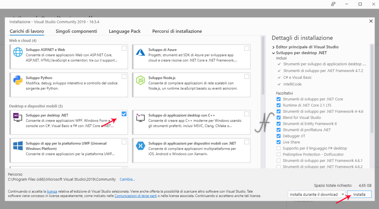 VB.NET 2019, Microsoft Visual Studio 2019, installazione applicazione Sviluppo per desktop .NET, installare gratuitamente Visual Basic