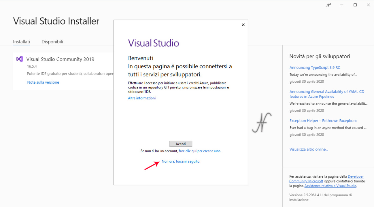 VB.NET, Visual Studio 2019, installazione, connettersi servizi sviluppatori, imparare a programmare, installare