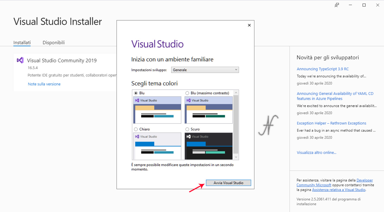 VB.NET, Visual Studio 2019, installazione, scelta tema colori, imparare a programmare