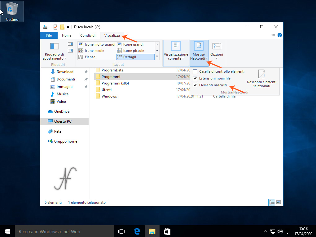 Esplora File, Windows 10, Mostra elementi nascosti, c:\Programmi\WindowsApps