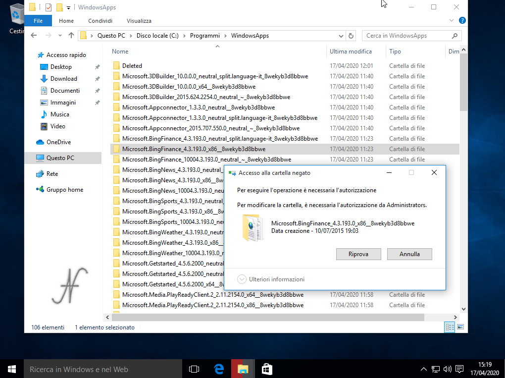Windows 10, rimozione App preinstallate, necessaria autorizzazione, c:\Program files\WindowsApps