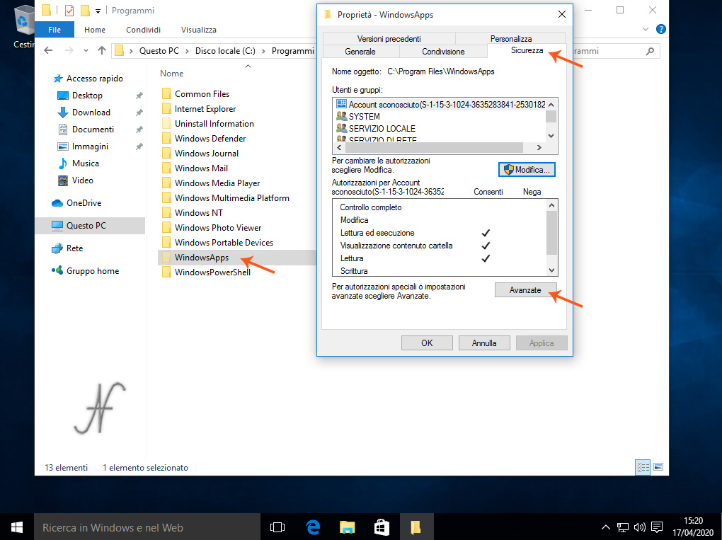 Windows 10 -(12)- Proprietà sicurezza avanzate, C:\Programmi\WindowsApps