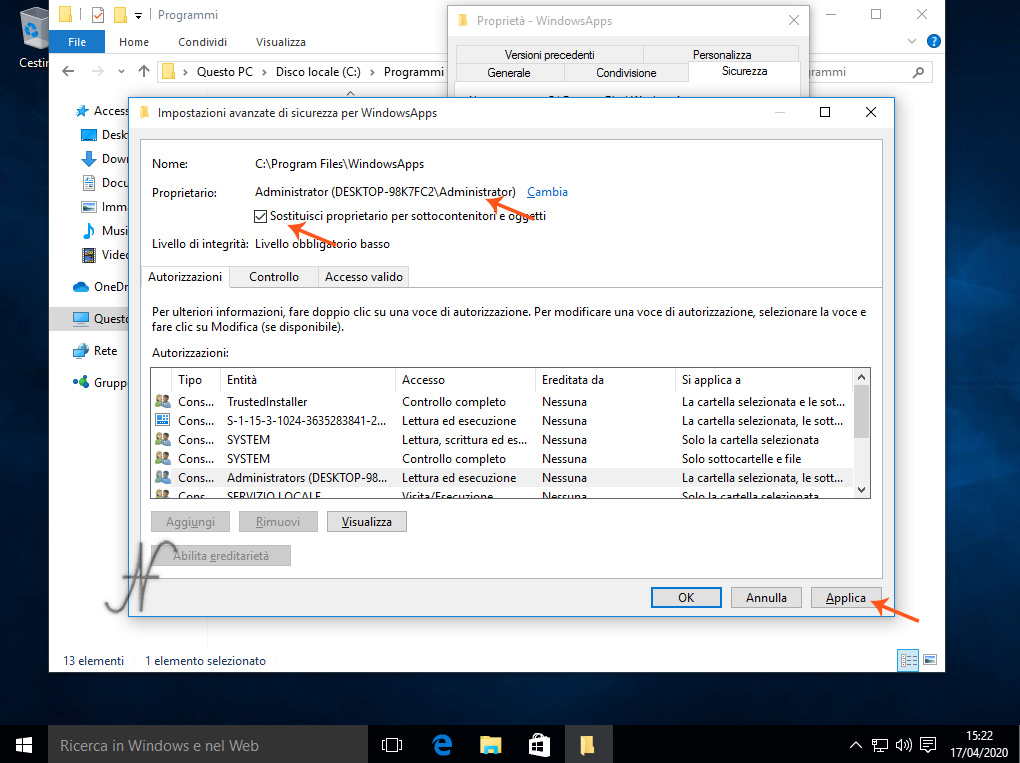 Windows 10, Diventare proprietario WindowsApps, Sostituisci proprietario per sottocontenitori e oggetti