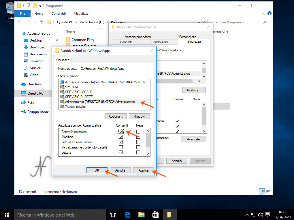 Windows 10, abilitare modifica cartella C:\Programmi\WindowsApps, controllo completo, modifica, Rimozione definitiva delle App preinstallate di Windows 10