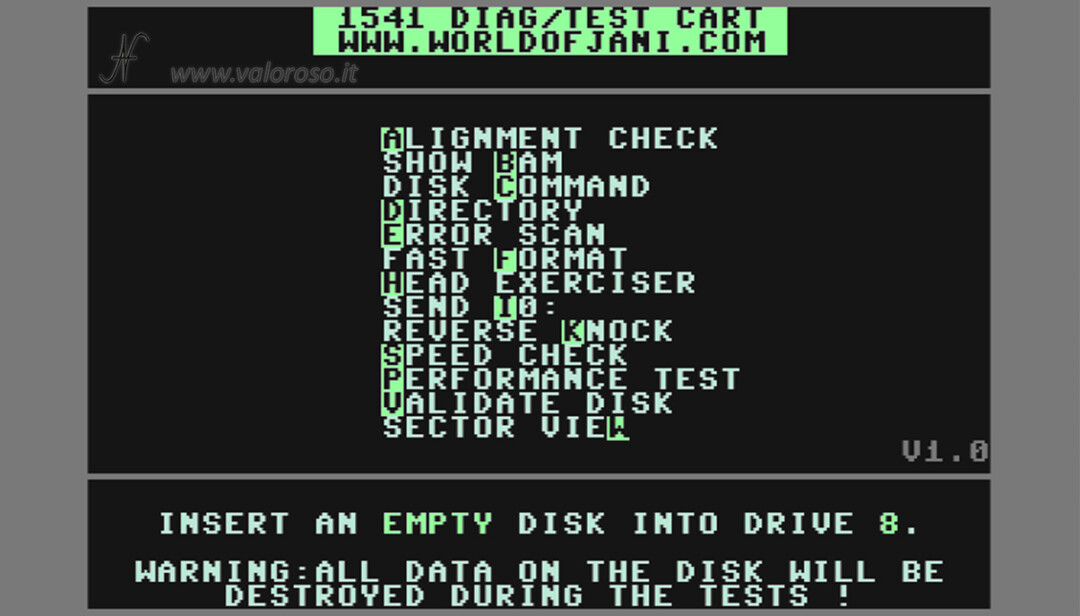 1541 Diagnostic Cartridge by Jani per Commodore 64, alignment check allineamento drive floppy 5.25 51/4, disk show bam, disk command, directory, error scan, fast format, head exerciser, send i0:, reverse knock, speed check, performance test, validate disk, sector view, tracce settori controllo lettura