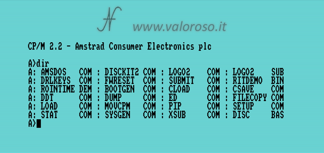 Amstrad CPC 464 boot screen startup, schermata di avvio a colori, CPM, CP-M, sistema operativo CP/M 2.2, Amstrad Consumer Electronics, DIR elenco file dischetto