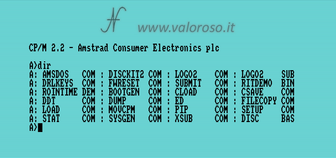 Amstrad CPC 464 boot screen startup, color boot screen, CPM, CP-M, CP/M 2.2 operating system, Amstrad Consumer Electronics, DIR diskette file list