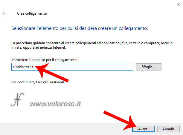 Annullare evitare lo spegnimento del computer shutdown /a -a creare un collegamento sul desktop