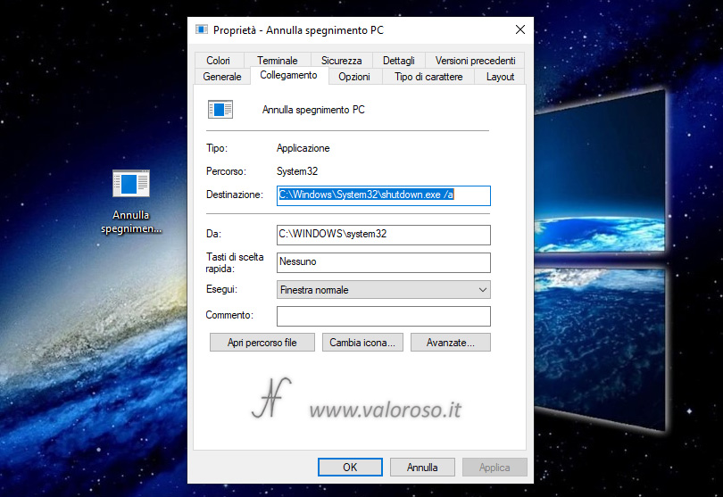Annullare evitare lo spegnimento del computer shutdown /a -a proprieta collegamento sul desktop, cambiare icona collegamento