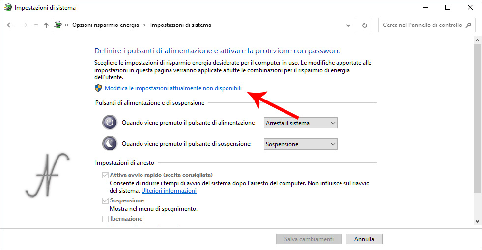 Pannello di controllo, sistema e sicurezza, opzioni risparmio energia, specifica comportamento pulsanti di alimentazione, attiva avvio rapido, ibernazione