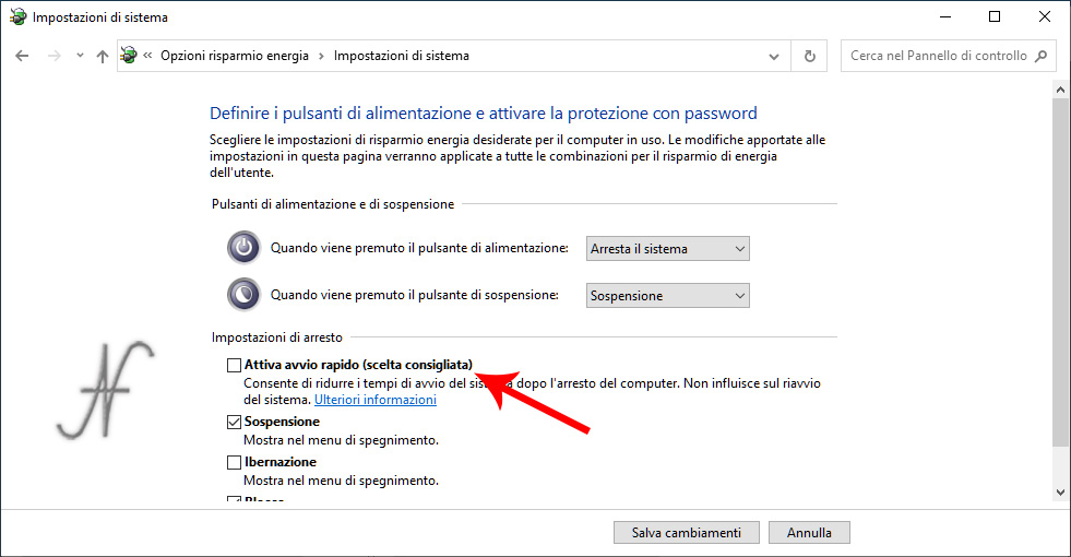 Come arrestare spegnere velocemente Windows 10, pannello di controllo, sistema e sicurezza, opzioni risparmio energia, specifica comportamento pulsanti di alimentazione, disattiva attiva avvio rapido, ibernazione sistema