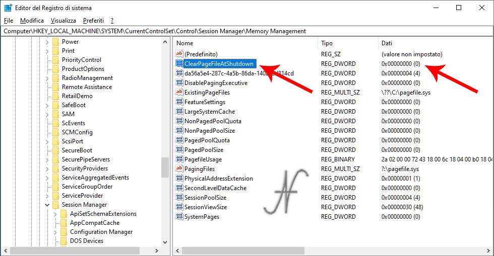 Come arrestare spegnere velocemente Windows 10, regedit azzeramento cancellazione file di paging, HKEY_LOCAL_MACHINE\SYSTEM\CurrentControlSet\Control\Session Manager\Memory Management, ClearPageFileAtShutdown