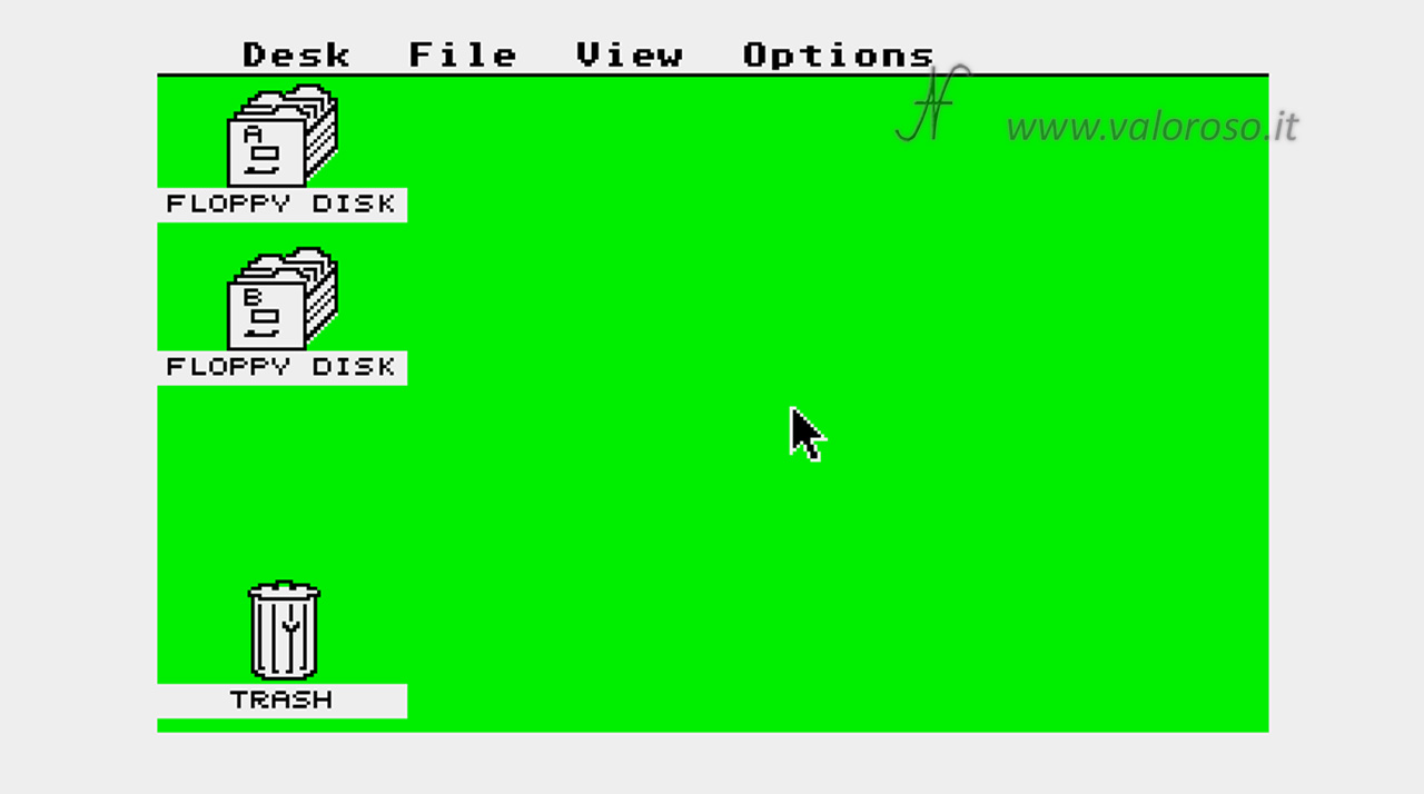 Atari 1040 ST, Atari ST, 1040ST, GEM graphics environment manager, TOS the operating system, sistema operativo, desktop info Digital Research 1985, emulatore Hatari