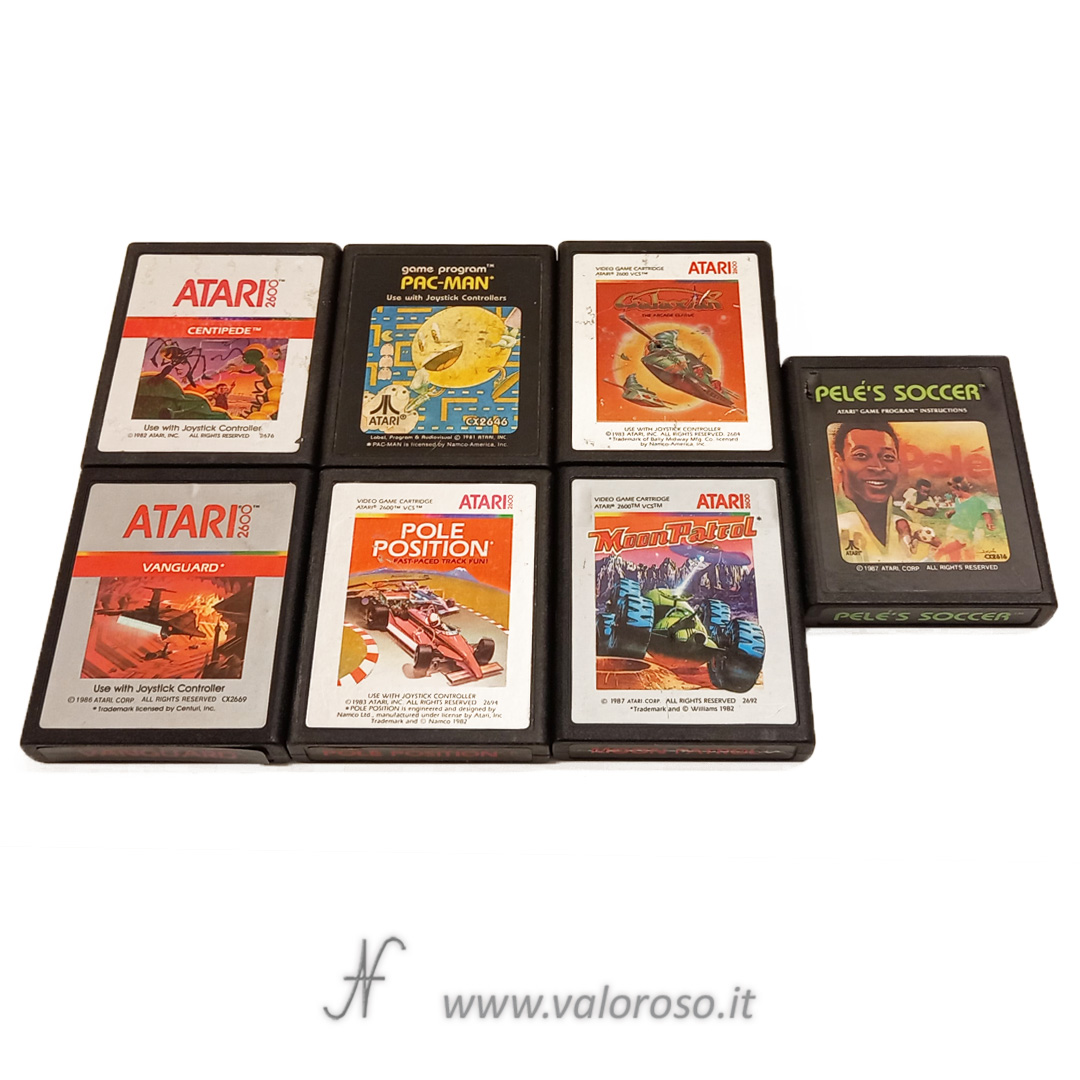 Atari 2600 games videogames cartridges retrogames, Pele's soccer, Moon Patrol, Pole Position, Vanguard, Centipede, Pac-Man, Galaxian