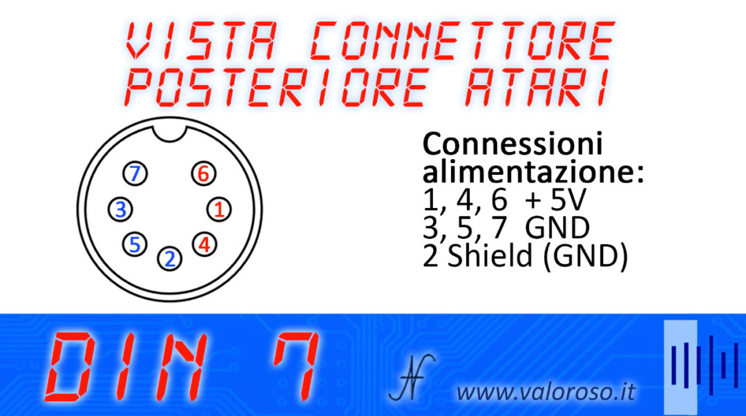 Atari 800XL 5V pinout piedinatura contatti connettore alimentazione PSU power DIN 7 poli, +5V GND shield