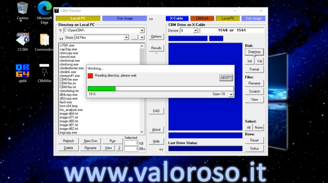 Collegare il floppy disk drive Commodore 1541 al PC Windows 10, CBMXfer 110 1.10 CBM-Transfer Directory elenco file floppy disk Commodore 1541 computer PC Windows, reading directory, X-Cable