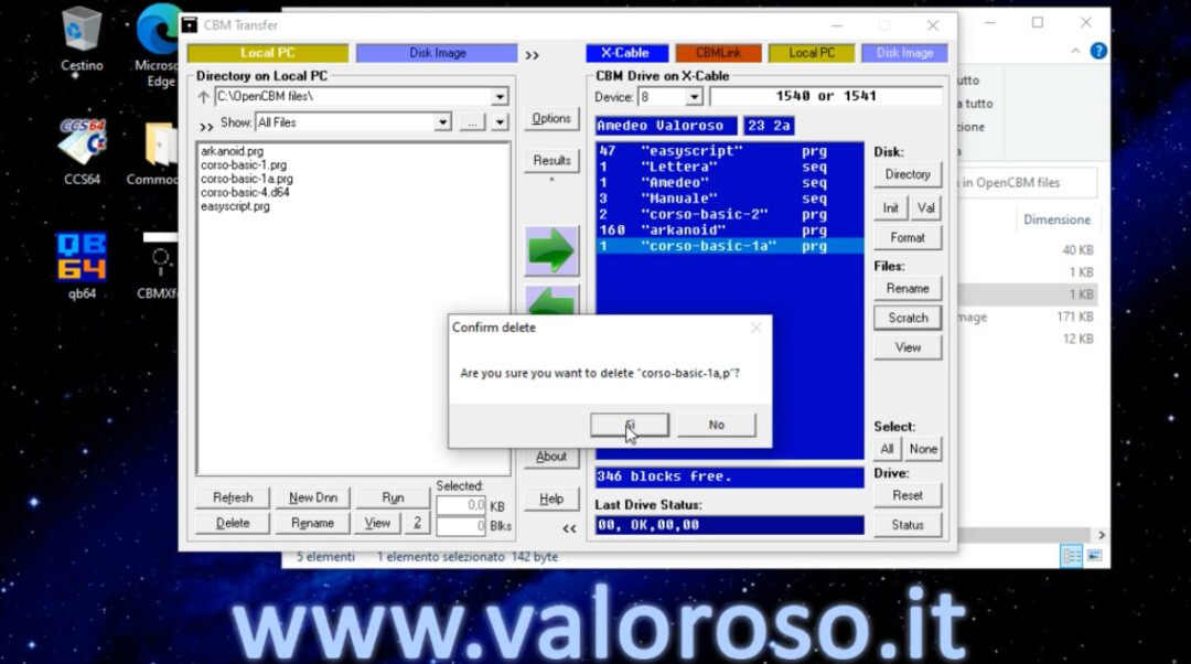 CBMXfer 110 1.10 CBM-Transfer cancellare delete scratch rimuovere un file floppy disk Commodore 1541 XUM1541, confirm delete
