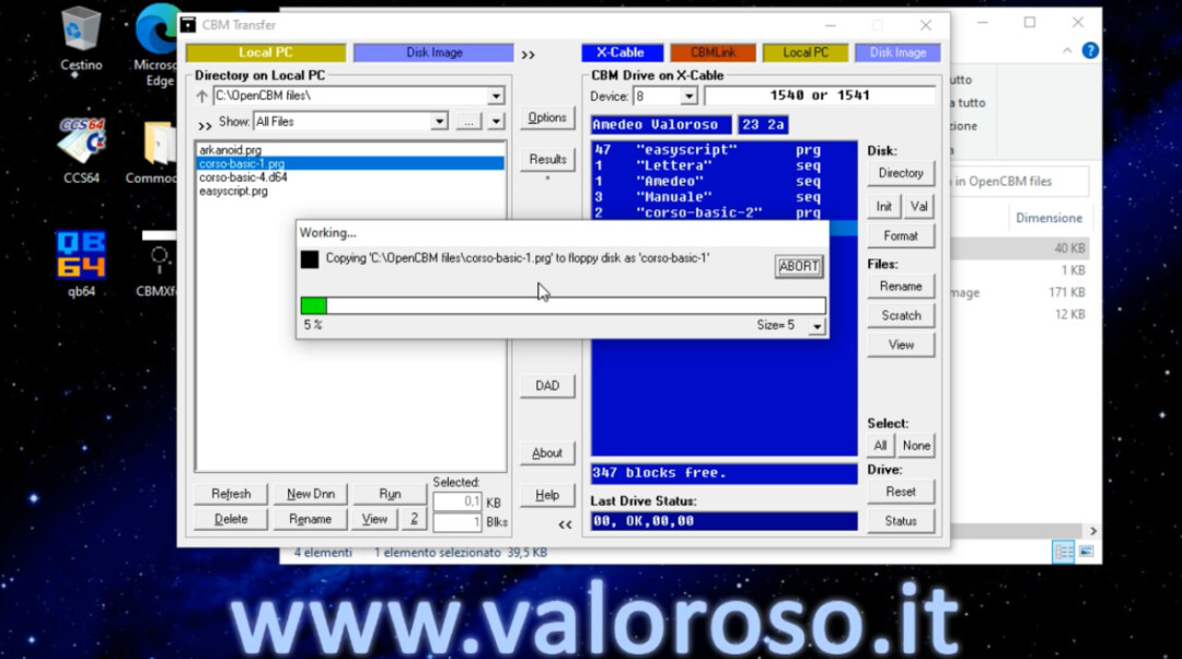 CBMXfer 110 1.10 CBM-Transfer copia trasferimento file da computer PC Windows a floppy disk Commodore 1541, Working Copying file Abort Size