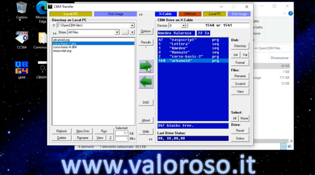 CBMXfer 110 1.10 CBM Transfer copiare trasferire file da computer PC Windows a floppy disk Commodore 1541, X-Cable