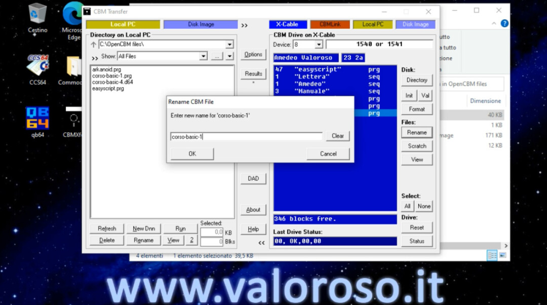 CBMXfer 110 1.10 CBM-Transfer rinominare un file floppy disk Commodore 1541 XUM1541, tasto pulsante Rename CBM file, enter new name