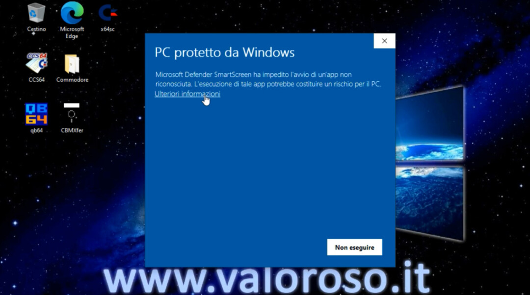 CBMXfer 110 1.10 avvio utilizzo Windows 10, Windows Defender Smart Screen non eseguire, protezione, ulteriori informazioni, PC protetto da Windows