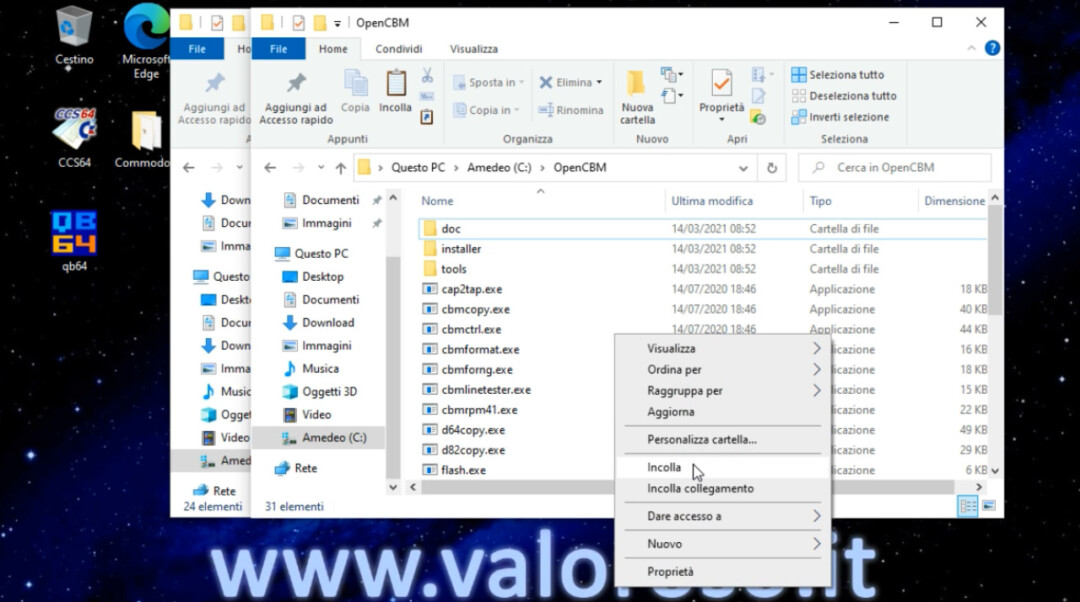 CBMXfer 110 1.10 installazione ed utilizzo Windows 10, incolla file in C:\OpenCBM