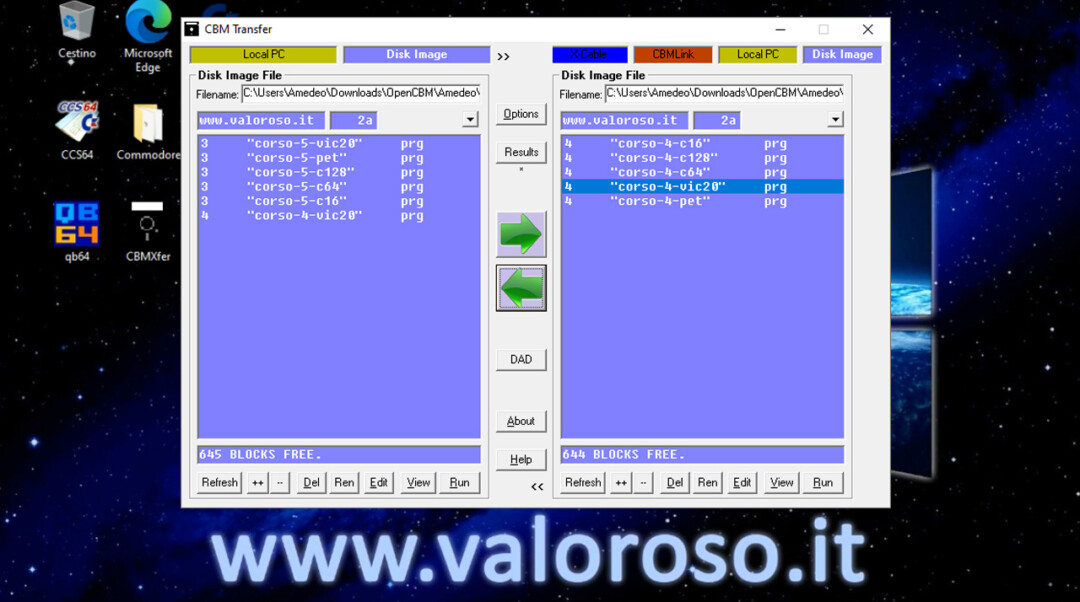 OpenCBM XUM1541 CBMXfer CBM Transfer, utilizzo software Windows 10, trasferimento dei file tra due immagini D64, cancellare un file dentro un D64