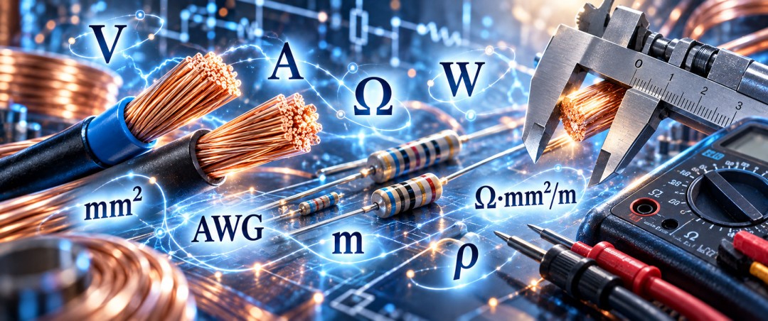 Ohm's law and power calculator with resistivity, AWG/mm² conversion, voltage V, current A, resistance Ω, power W and cable cross-section calculations.