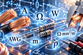 Ohm's law and power calculator with resistivity, AWG/mm² conversion, voltage V, current A, resistance Ω, power W and cable cross-section calculations.