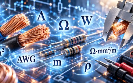 Ohm's law and power calculator with resistivity, AWG/mm² conversion, voltage V, current A, resistance Ω, power W and cable cross-section calculations.