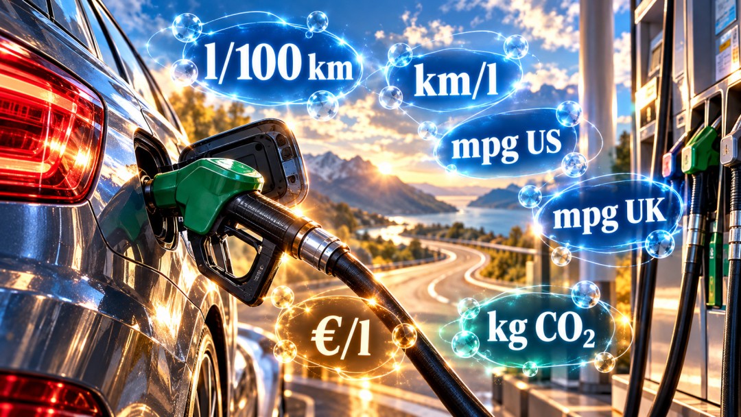 Convertitore calcolatore consumi carburante con calcolo l/100 km, km/l, mpg US, mpg UK, costo carburante (€), prezzo (€/l), autonomia (km), consumo reale, budget, costo annuale ed emissioni CO₂ (kg CO₂ e t CO₂).