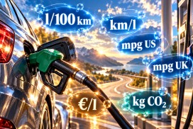 Fuel consumption converter and calculator for l/100 km, km/l, mpg US, mpg UK, fuel cost (€), fuel price (€/l), range (km), actual fuel consumption, budget, annual cost, and CO₂ emissions (kg CO₂ and t CO₂).