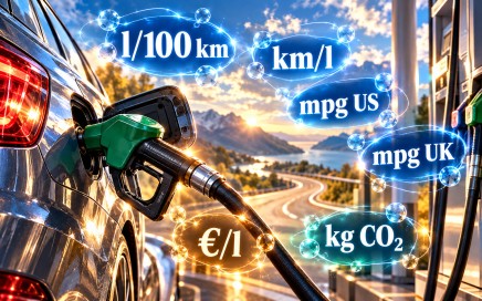 Fuel consumption converter and calculator for l/100 km, km/l, mpg US, mpg UK, fuel cost (€), fuel price (€/l), range (km), actual fuel consumption, budget, annual cost, and CO₂ emissions (kg CO₂ and t CO₂).