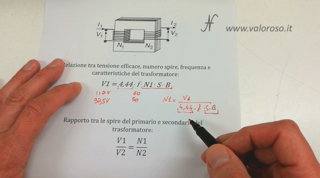 Calcolo spire trasformatore V 4.44 N f S B formula inversa tensione nominale frequenza