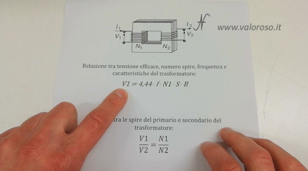 Calcolo spire trasformatore V 4.44 N f S B formula tensione nominale frequenza