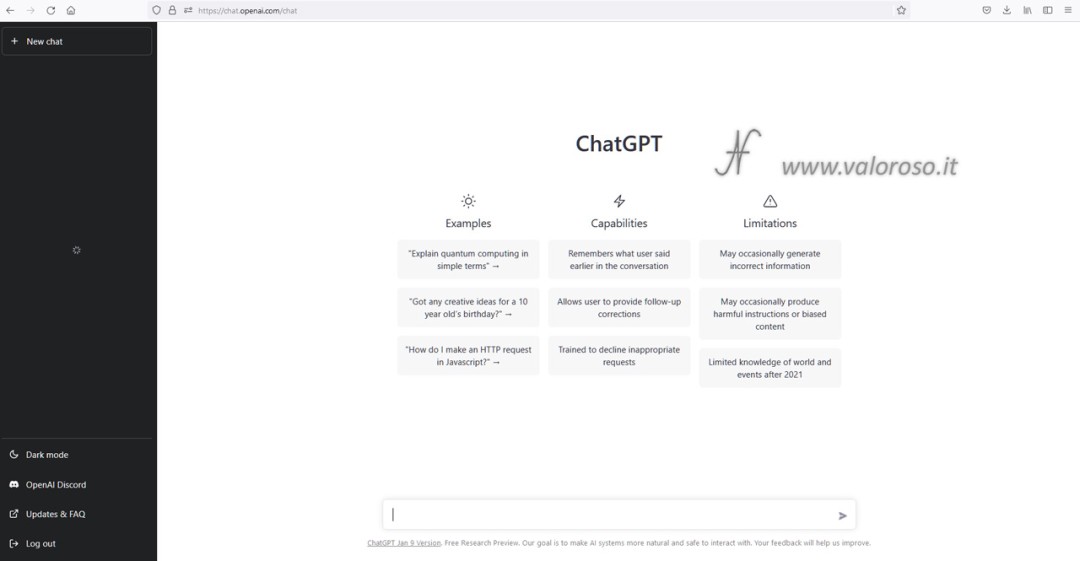 ChatGPT di OpenAI, intelligenza artificiale, Chat GPT 3, inizio conversazione, inviare scrivere testo, examples, capabilities, limitations