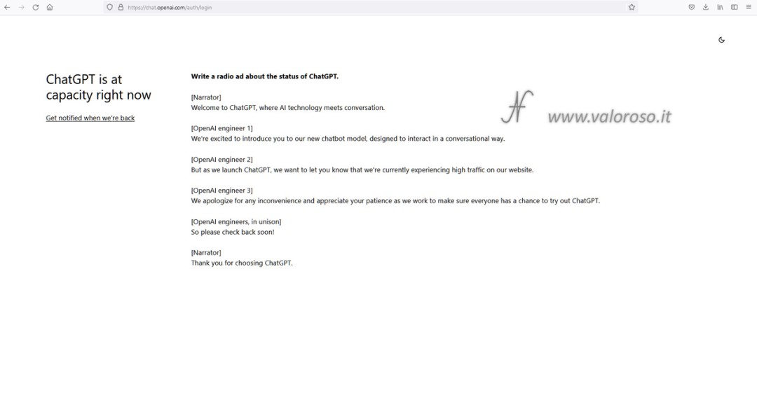 ChatGPT di OpenAI, intelligenza artificiale, Chat GPT 3 offline, capacity right now