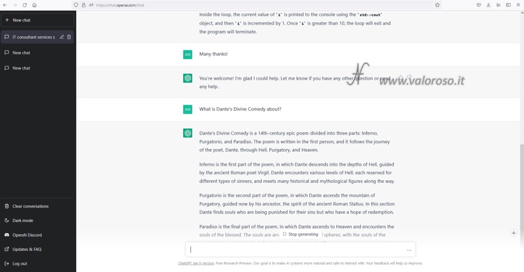 ChatGPT di OpenAI, intelligenza artificiale, Chat GPT 3, riassunto Divina Commedia di Dante in inglese
