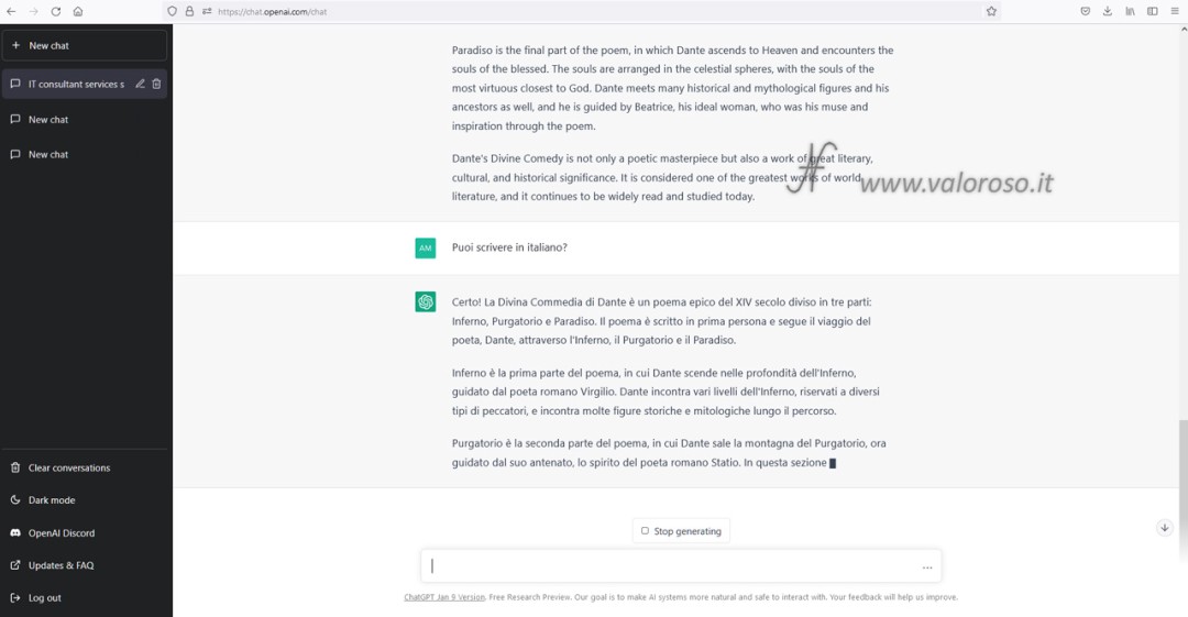 ChatGPT di OpenAI, intelligenza artificiale, Chat GPT 3, riassunto Divina Commedia di Dante in italiano
