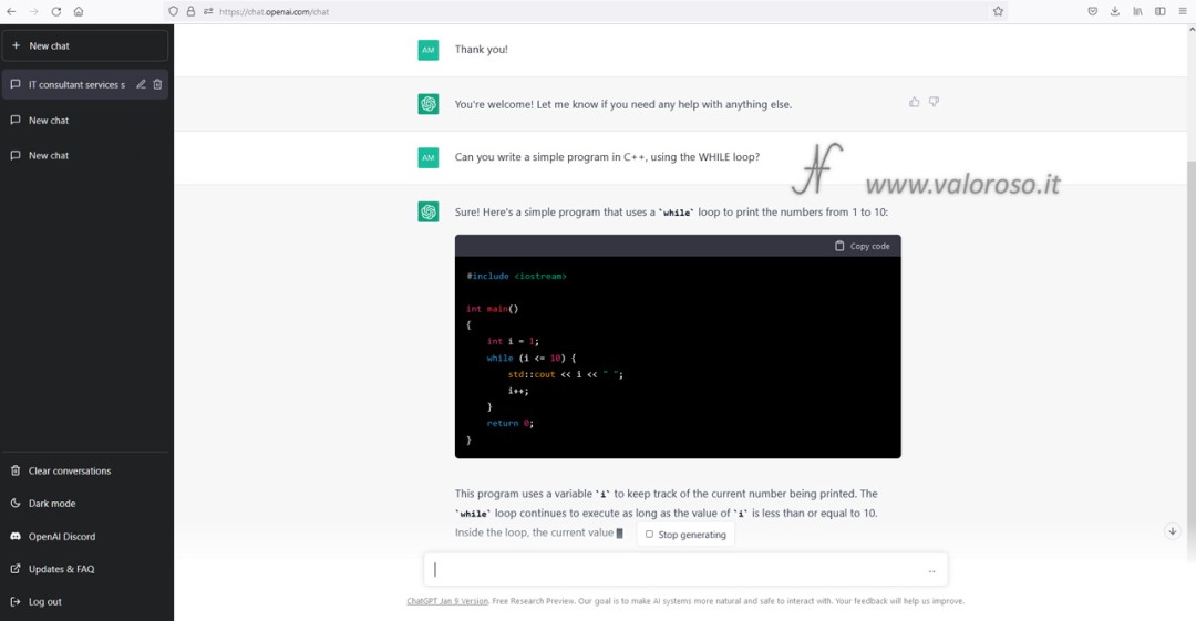 ChatGPT di OpenAI, intelligenza artificiale, Chat GPT 3, scrittura programma in C++ utilizzando il ciclo WHILE