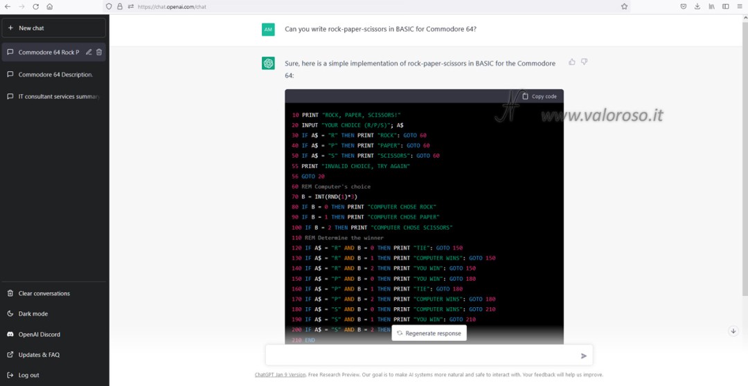 OpenAI ChatGPT, artificial intelligence, Chat GPT 3, write program in BASIC for C64, scissors card stone game