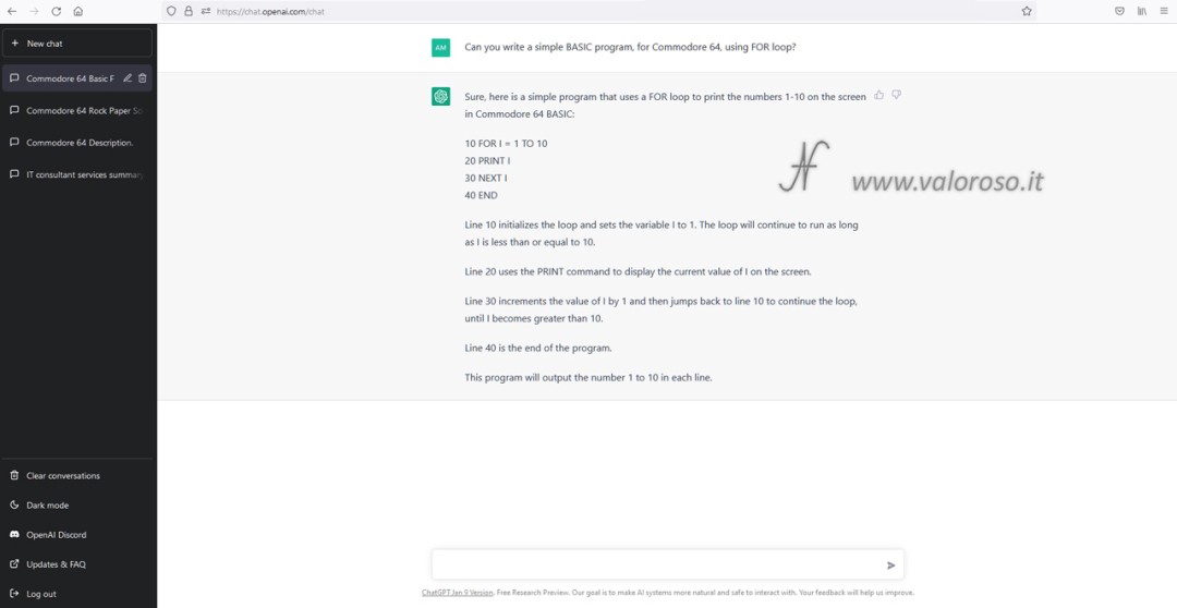 ChatGPT di OpenAI, intelligenza artificiale, Chat GPT 3, scrivere un programma in BASIC per Commodore 64, C64, ciclo FOR